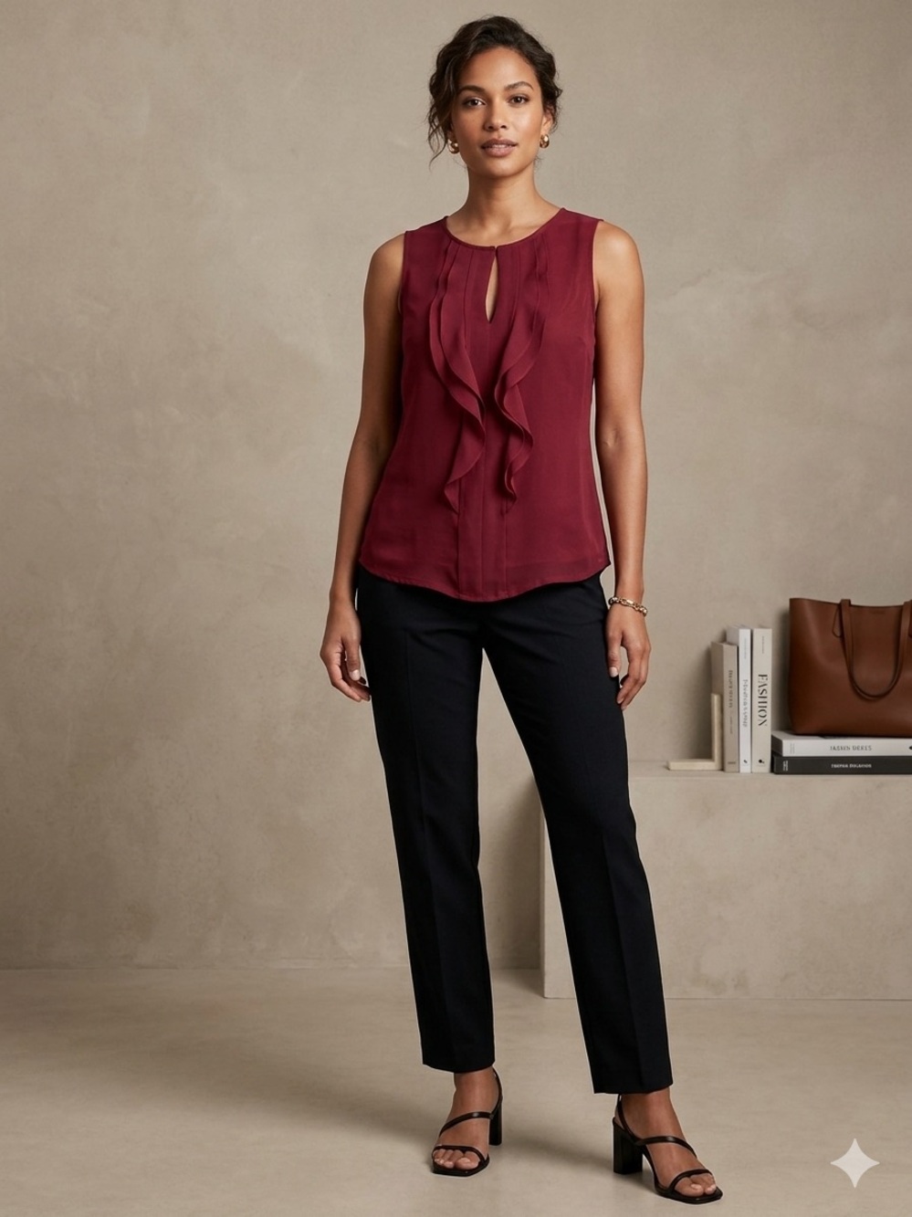 Ann Taylor Burgundy Sleeveless Ruffle Front Blouse
